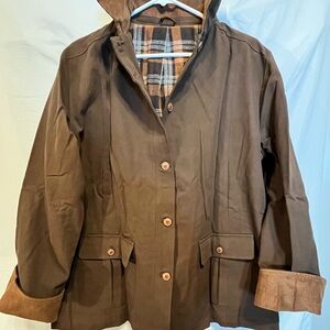 Dark Brown Barn Jacket Women's L. Corduroy Collar/Cuffs. Flannel lining. NWOT.